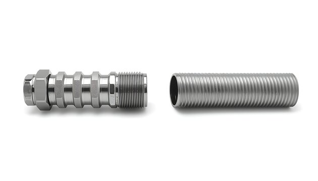 Two metal threaded pipe fittings displayed side by side showcasing a male threaded adapter and a female threaded nipple for plumbing applications