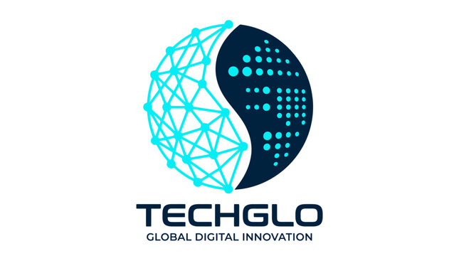 Global digital innovation tech logo featuring a sphere with a digital network and abstract data points in blue and black colors