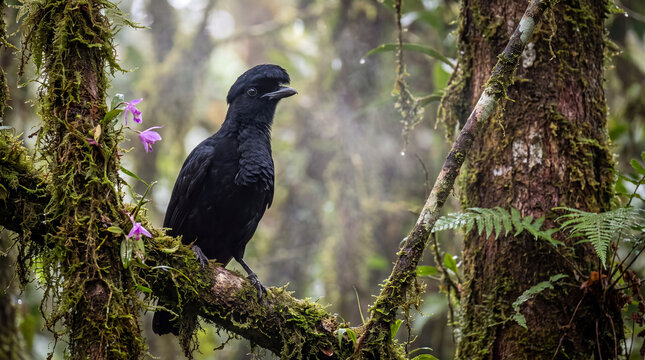 Amazonian Umbrellabird perched on a moss-covered branch adorned with small purple orchids in a misty tropical rainforest during daylight hours.