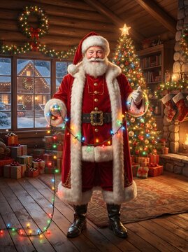 Festive Santa Claus holding christmas lights in a cozy winter cabin interior