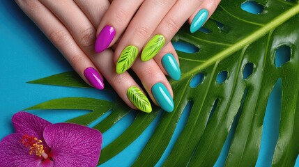 Fototapeta premium Colorful Nail Art Design with Tropical Leaves and Orchid Flower