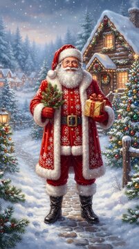 Festive Santa Claus holding gifts and winter greenery in a snowy Christmas scene