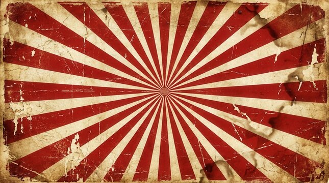 Distressed texture retro circus design with a red and white sunburst pattern