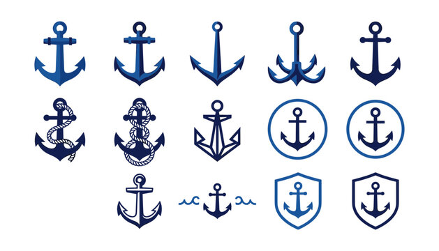Nautical ship anchor vector icon set featuring dark blue marine heraldry symbols, rope details, sea wave elements, and geometric shield badges for maritime branding..