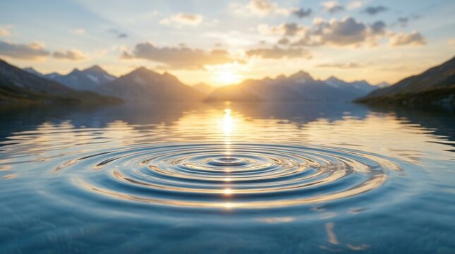 A serene nature landscape scene showing a tranquil lake at sunset with distant mountains and ripples from stone skipping waves.
