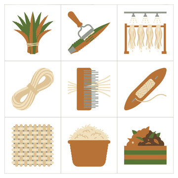 Abaca fiber production process and tools pixel art icon set