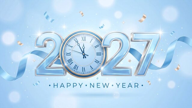 Happy New Year 2027 celebration banner, elegant blue 3D numbers with clock face, festive holiday background with ribbons and confetti 4K