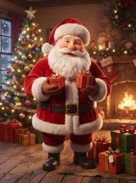 Festive Santa Claus holding gifts in a cozy christmas scene with a decorated tree