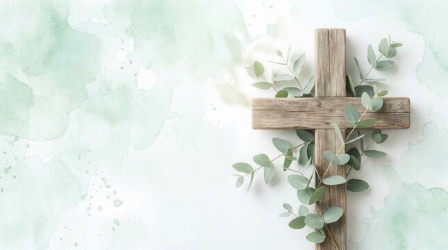 Baptism, christening or Easter religious celebration invitation featuring a cross and greenery theme.
