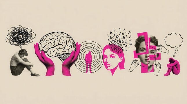 A surreal art collage exploring the complexity of the human mind, conflicts, and the need for therapy.