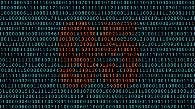 Digital binary code background, with glowing orange, 5 g symbol, animation technology data