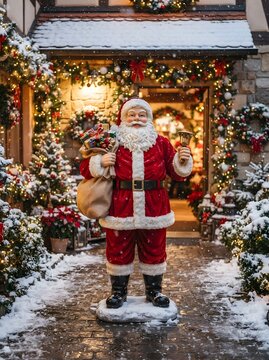 Festive Santa Claus with gifts stands outside a warmly lit home during winter holidays