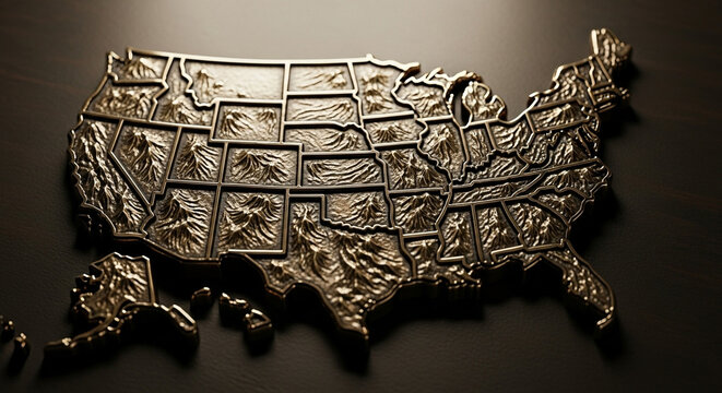 A physical relief sculpture showcasing the topographical landscape of the United States of America with cast metal textures that emphasize regional mountainous terrain and diverse geological