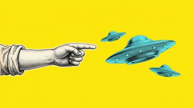 Science of cosmos concept with a male hand pointing at a ufo on a yellow background