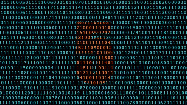 Digital binary code background, with glowing orange, bitcoin symbol animation, cryptocurrency blockchain