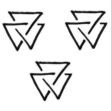 Hand Drawn Valknut Symbol Doodle Brush Set, Norse Viking Odin Knot Triangle Pattern, Black Line Art on White Background

