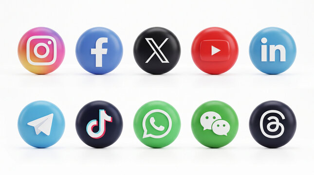 Social media icon set of facebook, instagram, x, youtube, threads, telegram, whatsapp, tiktok, linkedin, wechat, popular social network logos for apps and websites 