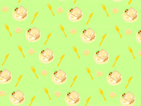 緑をバックにナイフとフォーク、スープとサラダと食パンなどの定番朝ごはんセットが柄になった背景素材イラスト
