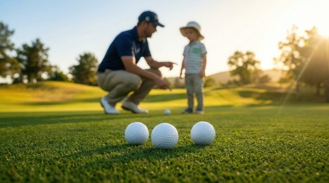 Golf balls on green with sun flare while a golf coach is guiding a kid and teaching putting in a positive environment.