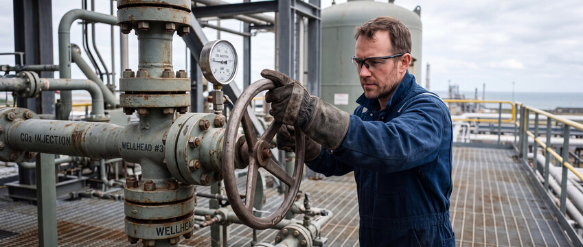 Industrial worker operating valve on offshore wellhead platform during maintenance at co2 injection facility