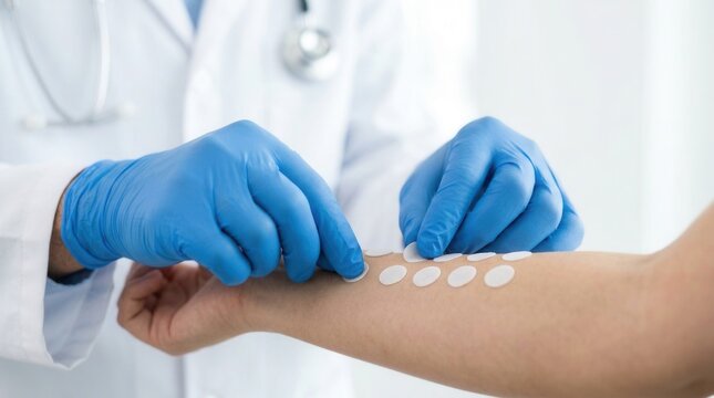 Skin allergy test in a medical clinic with a healthcare professional applying several adhesive patches to a patient's arm