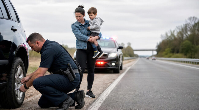 Police Officer Helping Mother and Child with Flat Tire on Highway