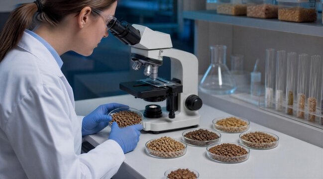 Scientist Examining Pet Food Pellets Under Microscope in Lab