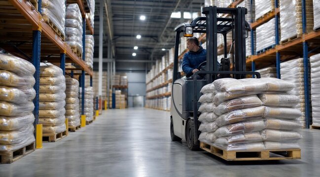 Forklift Operator Moving Bagged Goods in Large Warehouse