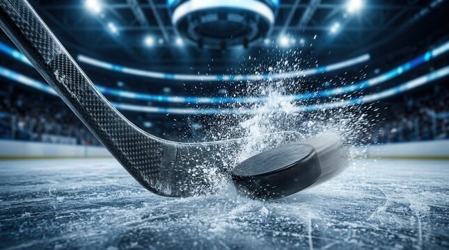 Competitive ice hockey gameplay featuring a hockey stick striking a black puck on a snowy ice surface with 3D arena lighting and motion blur.