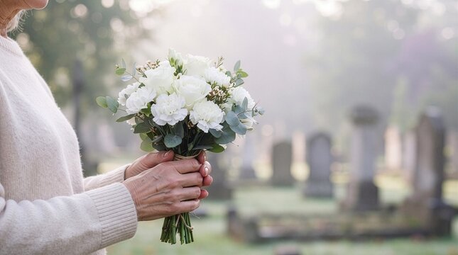A somber woman holding a bouquet of white flowers in a cemetery.