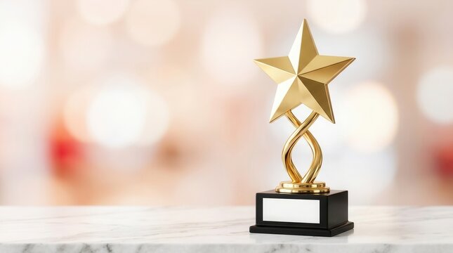 Winning a prize golden star award on a white marble surface symbolizing excellence, success, and achievement