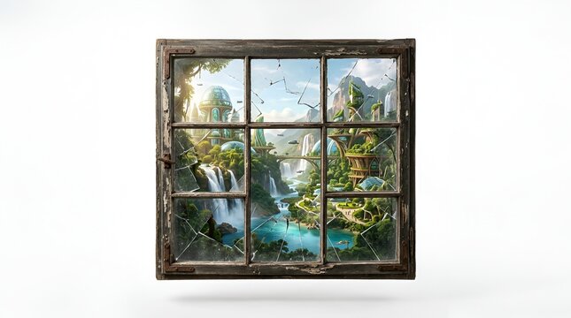 Broken wooden window frame revealing futuristic utopia landscape view