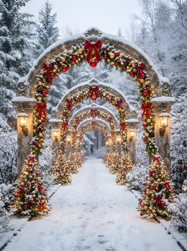 Festive winter scene with a snow covered stone archway decorated for christmas and holiday celebrations