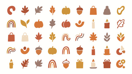 Fototapeta premium Minimalist Autumn and Fall Season Icon Set with Pumpkins, Leaves, Acorns, and Cozy Earthy Tones Elements