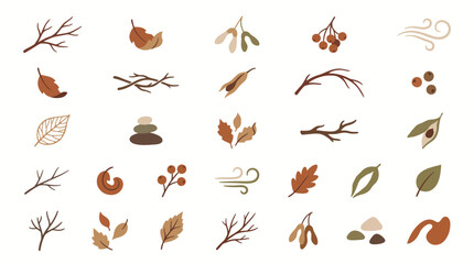 Fototapeta premium Minimalist autumn nature elements collection featuring dried fall leaves twigs berries seeds and zen stones for seasonal decorative design projects