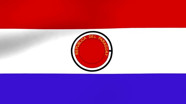 A high quality illustration of the national flag of Paraguay waving in the breeze with horizontal red white and blue stripes
