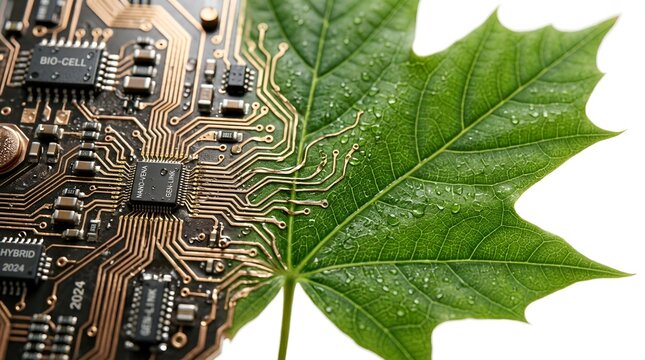 Computer circuit board merged with natural green maple leaf