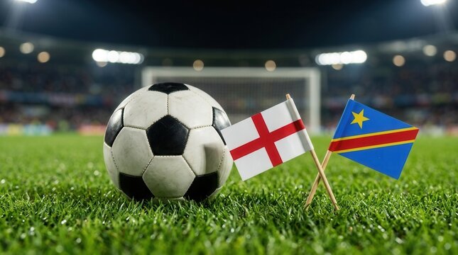 Football on green grass with national flags of England vs DR Congo before the international football tournament Round of 32 match in Atlanta, Georgia.