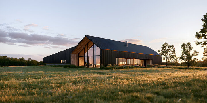 A contemporary barn with wooden details and metal panels, characterized by modern design, wooden elements, metal siding, architectural style