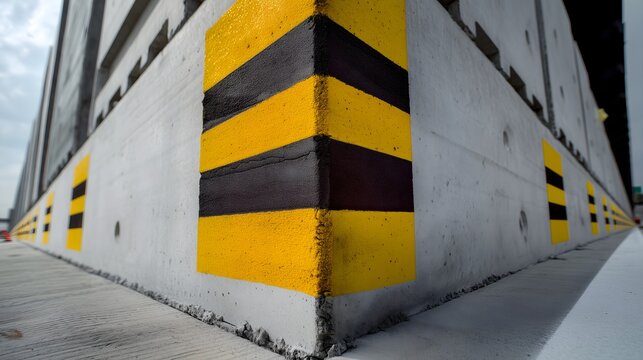 Reinforced industrial concrete wall featuring high visibility yellow and black safety hazard markings