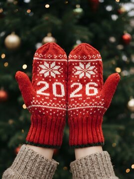Red mittens with the year 2026 held against a blurred christmas tree background
