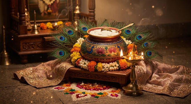 Traditional Lord Krishna Janmashtami background with makhan matki, peacock feathers, and glowing diya
