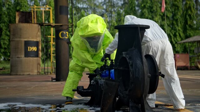 Hazmat workers in protective suits handle a chemical container during hazardous material response training at an industrial facility