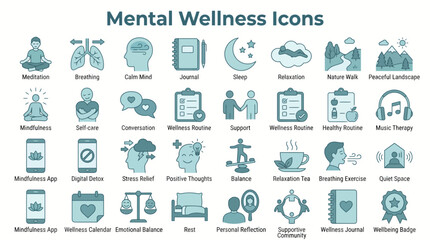 Fototapeta premium Set of mental health icons for psychological wellbeing featuring meditation self care mindfulness and therapy symbols in a teal blue color style
