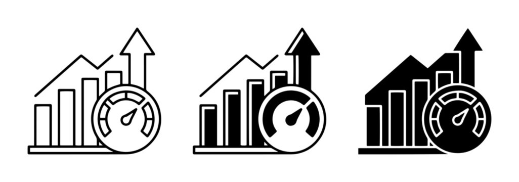 Performance Metrics Icons, Growth Charts, Speedometer, Business Analytics