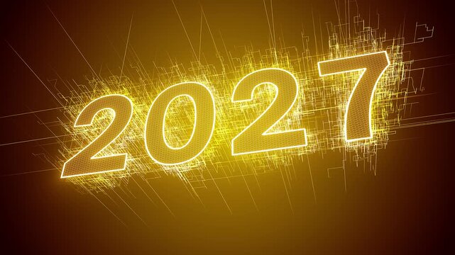 Video animation - abstract neon light in yellow gold with the numbers 2027 - represents the new year - holiday concept.