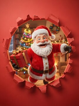 Santa Claus breaking through a red wall with a gift festive christmas scene
