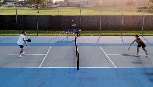 Aerial overhead view of a man and woman playing competitive pickleball game on outdoor blue courts, serving, volleying, and tapping paddles at the net