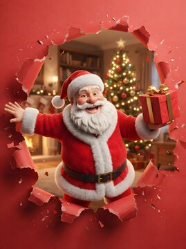 Santa Claus bursting through red wall with gift and decorated christmas tree in background