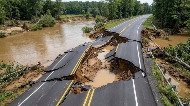 Infrastructure damage and widespread destruction as a road collapses into a muddy river following a severe flood